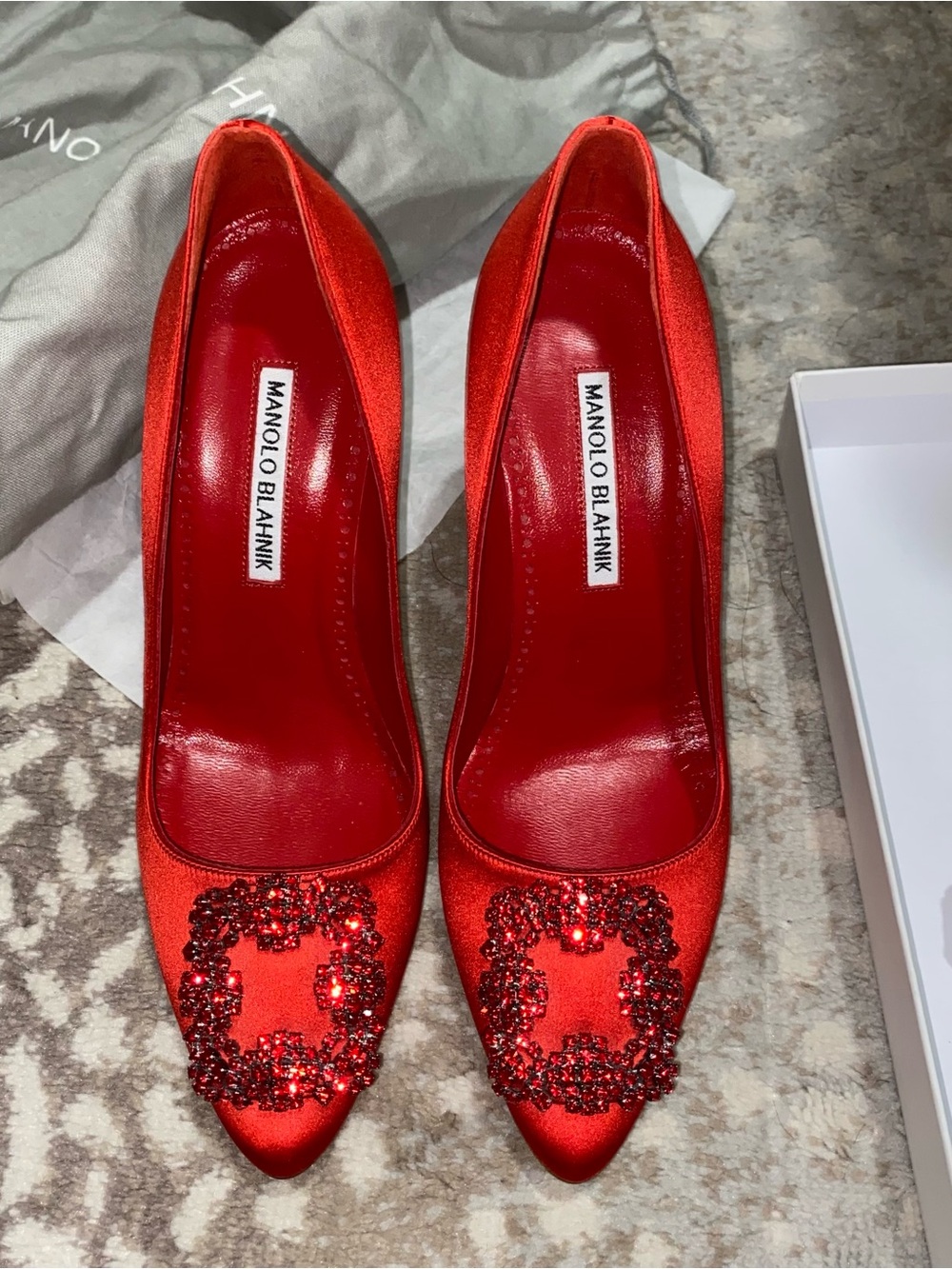 Manolo Blahnik Red Satin Crystal-Buckled Pointed Pumps